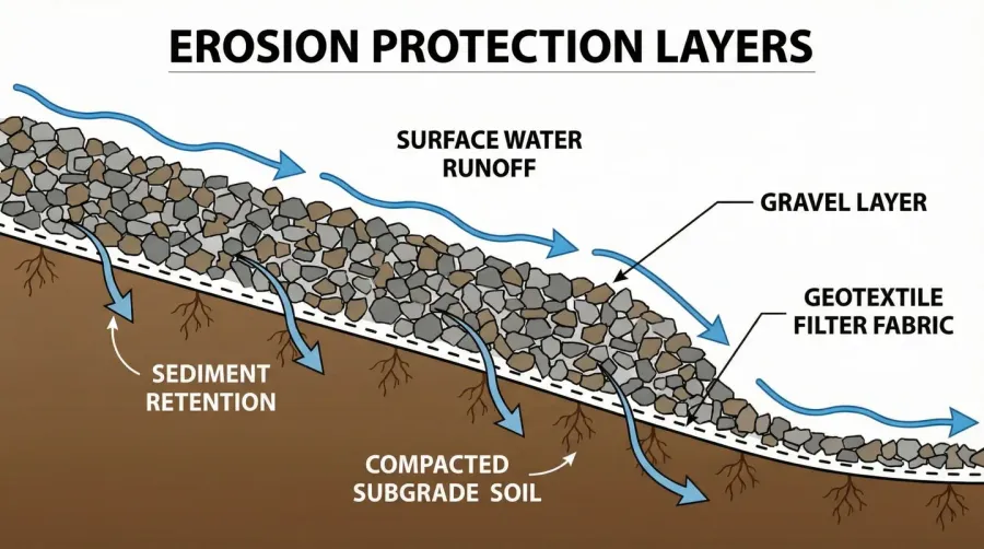 Cross section diagram showing gravel layer for erosion protection