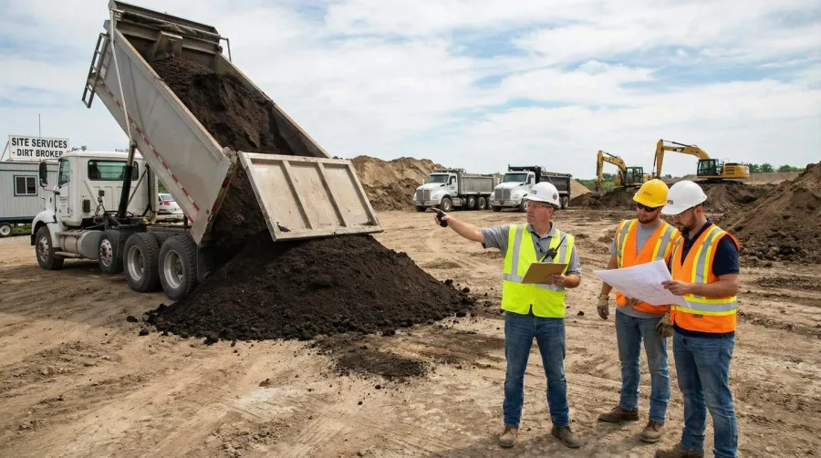 Dirt broker coordinating delivery of topsoil with construction workers and trucks in background