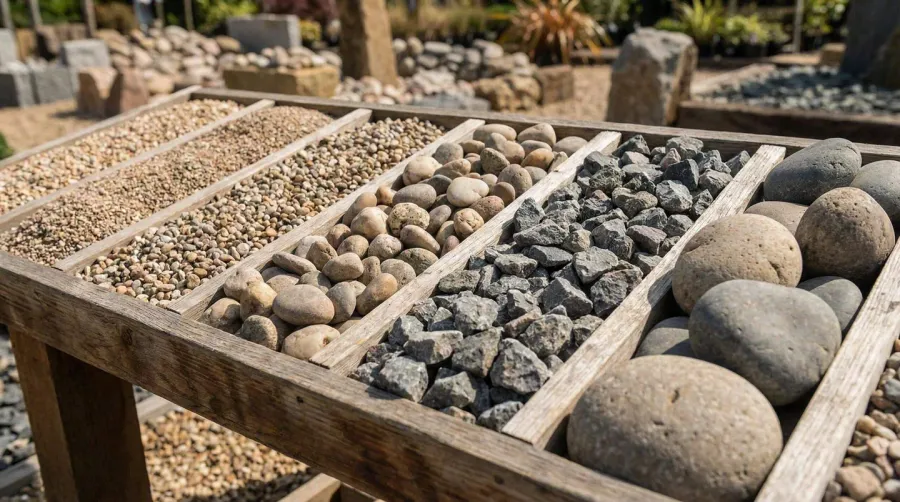 Various sizes of gravel and crushed stone laid out with measuring tools showing different dimensions