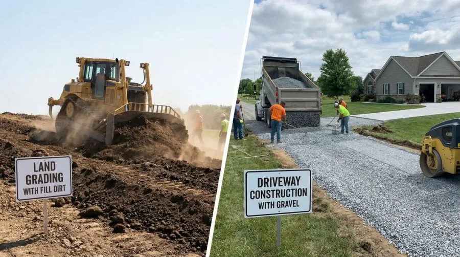 split image showing fill dirt being used for land grading and gravel being used for driveway construction