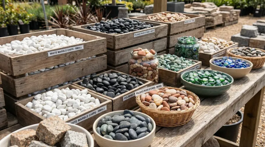 Various types of decorative pebbles displayed in different containers showing size and color variations
