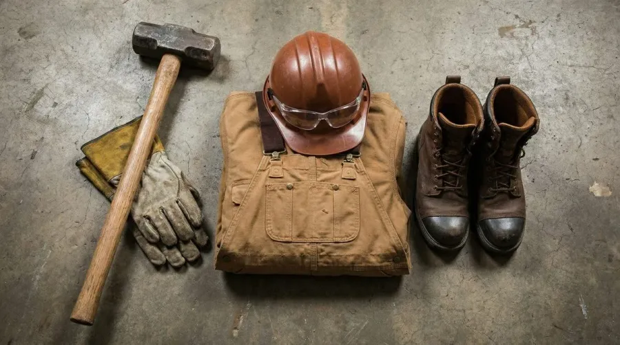 safety equipment layout with sledgehammer and protective gear
