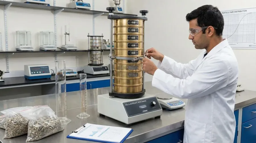Sieve analysis process for aggregate sizing in construction materials