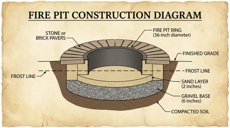 Fire pit area diagram showing measurements and material layers