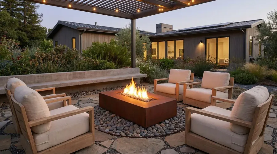 Modern fire pit area with river rock surround and comfortable seating