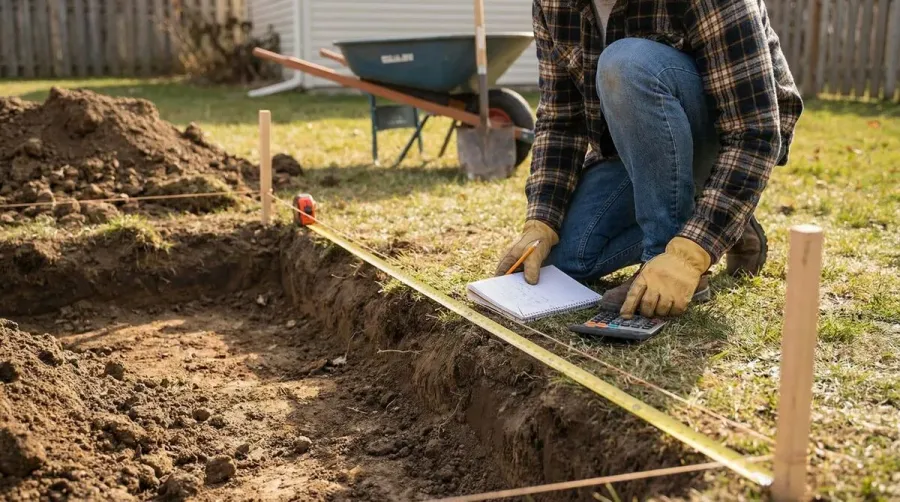 Person calculating fill dirt needs with measuring tape