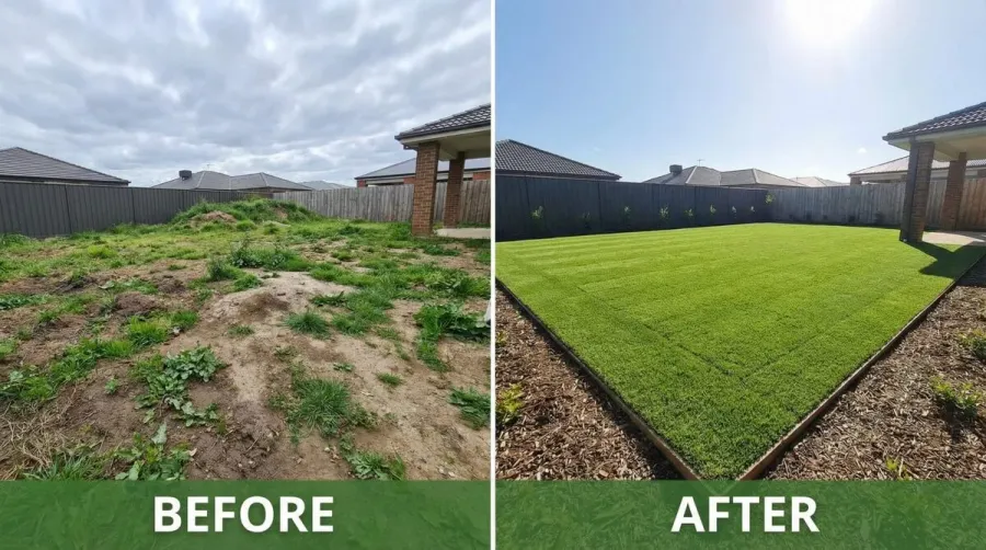 Before and after comparison of leveled yard showing smooth even surface