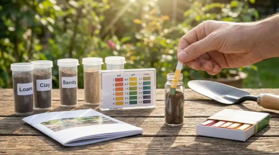 Soil testing kit with pH strips and samples
