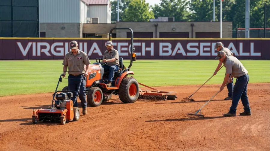 Baseball field maintenance crew using proper equipment to maintain Virginia infield mix surface