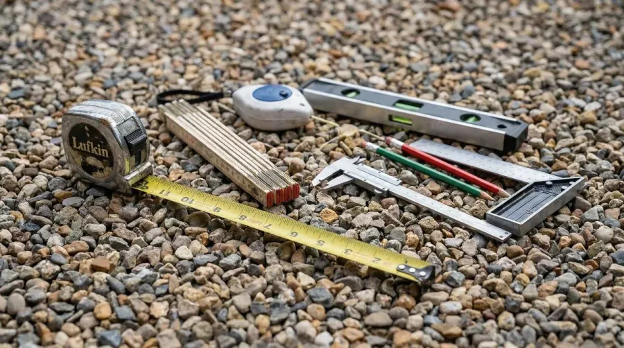 Tape measure and measurement tools on gravel driveway