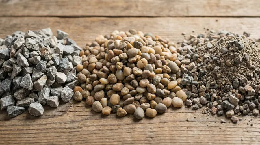 close-up comparison of crushed stone, pea gravel, and crusher run showing texture differences