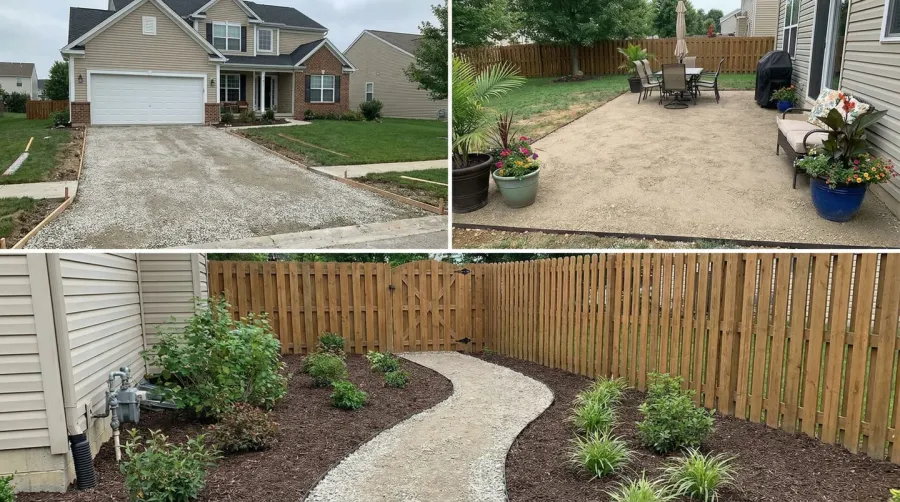 Various crushed concrete applications including driveway, patio, and walkway