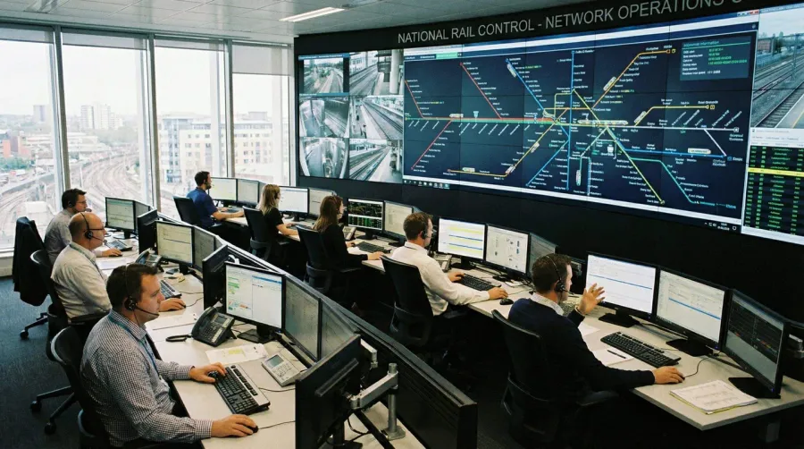 Rail control center with operators monitoring train movements
