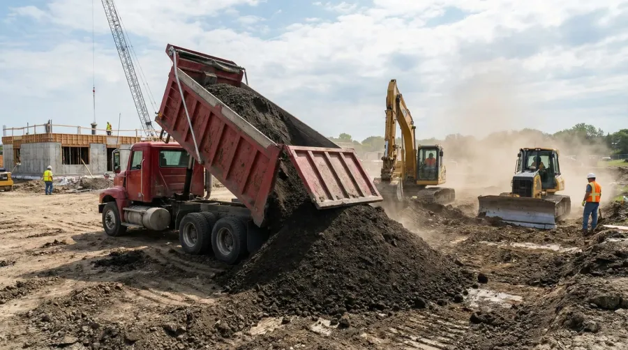 Dump truck delivering fill dirt to residential construction site