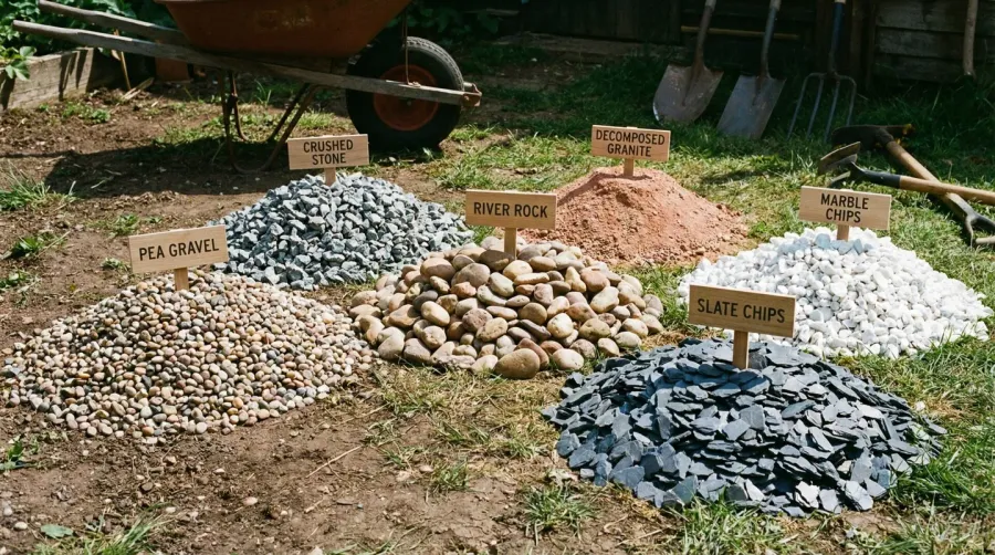 Various types of driveway gravel samples displayed on ground