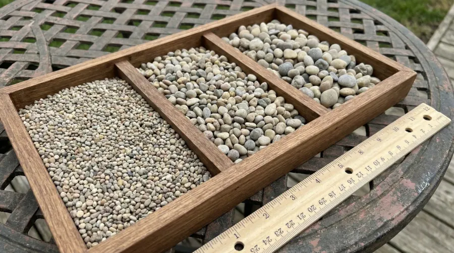 Pea gravel size comparison chart showing different sizes