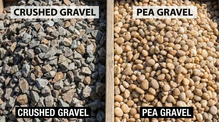 Close-up comparison showing angular number 2 gravel pieces next to rounded pea gravel for size reference