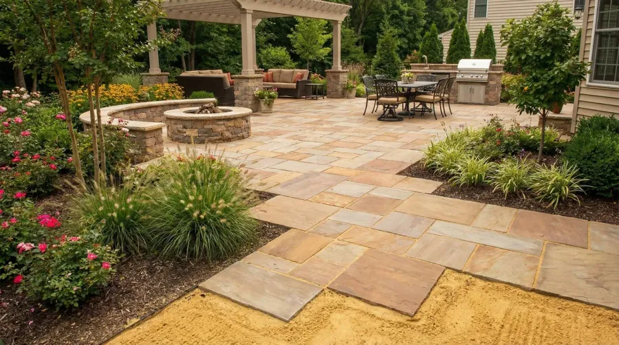 Landscaped patio with pavers on yellow sand base