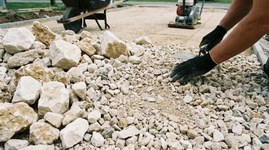 Limestone gravel driveway installation showing different sizes and textures