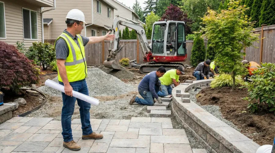 General contractor overseeing landscaping project with hardscape installation