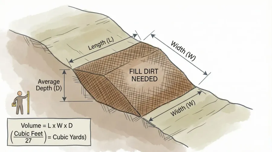 Illustration of sloped area showing how to measure and calculate fill dirt needs