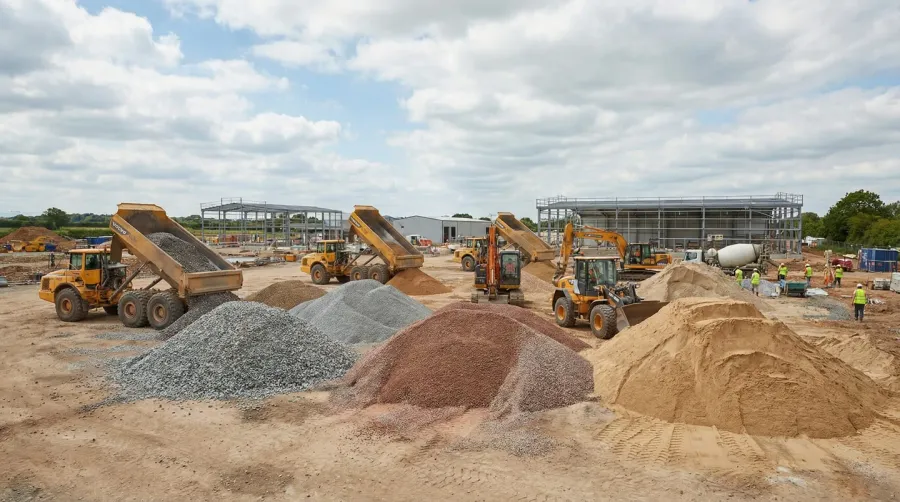 Construction site with aggregate materials being delivered