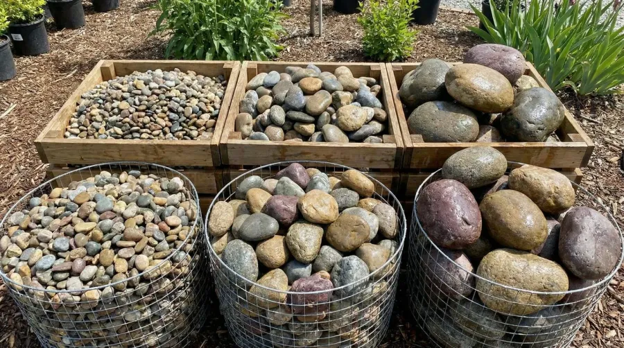 Different types of river rocks with size comparison and price labels