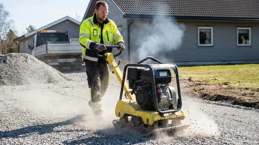 Professional compactor working on freshly laid gravel driveway