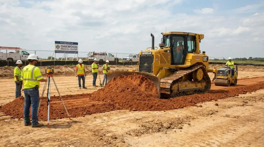 Fill soil application and grading at construction site