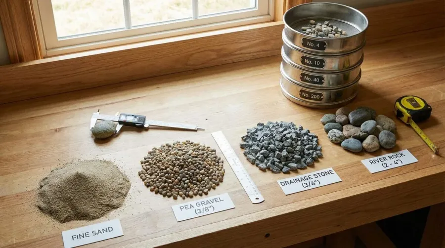 Various gravel sizes displayed with measuring tools and sieve screens