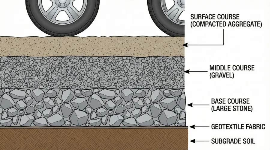 Cross section diagram of driveway showing different gravel layers and sizes