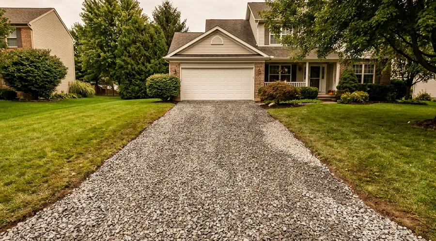 Gravel driveway leading to a home and garage