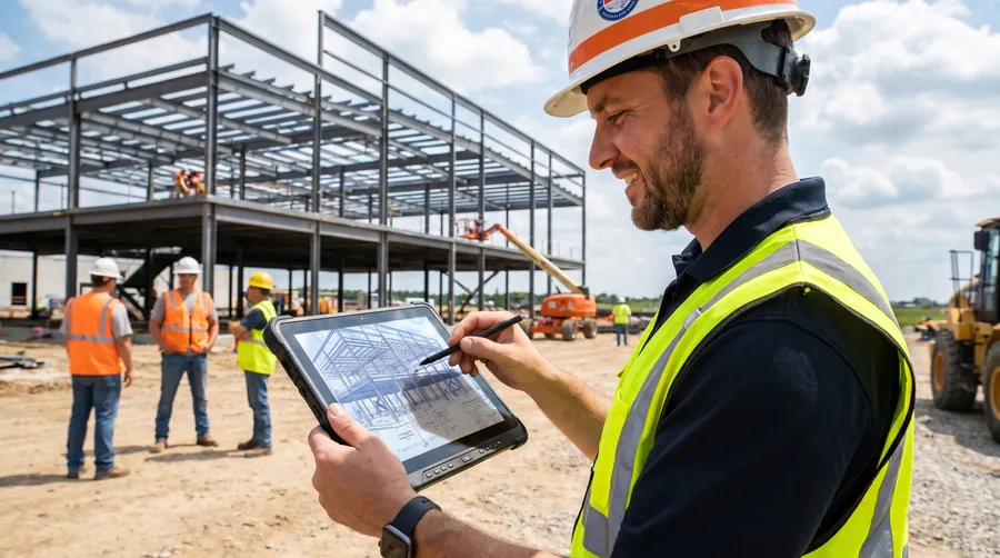 modern contractor using digital tools on tablet at construction site