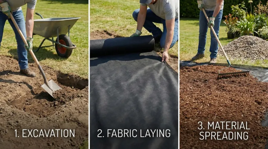 Step-by-step installation process showing excavation, fabric laying, and material spreading