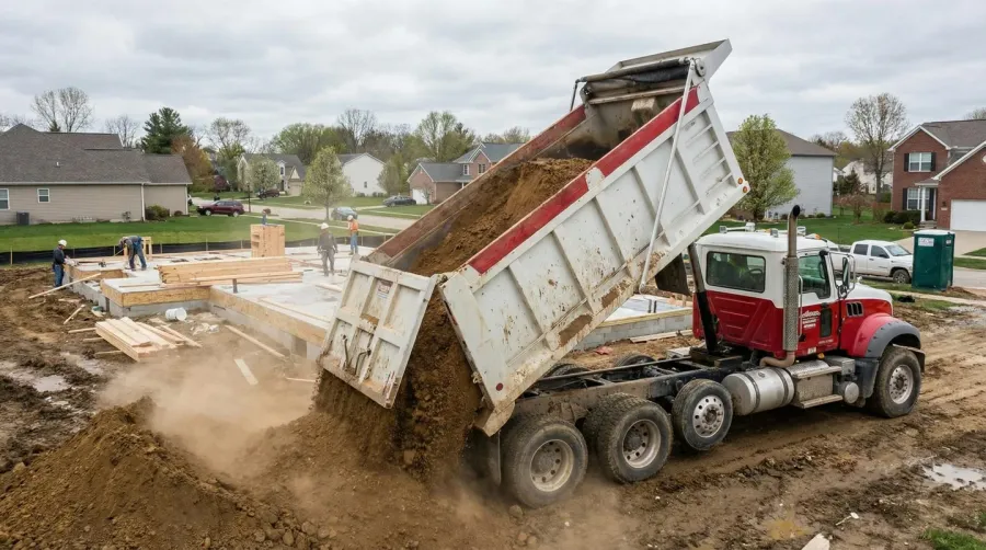 Dump truck delivering fill dirt to residential construction site