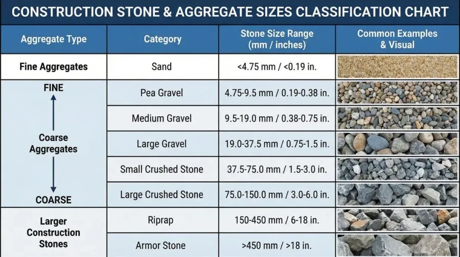 Construction stone sizes chart showing different aggregate sizes