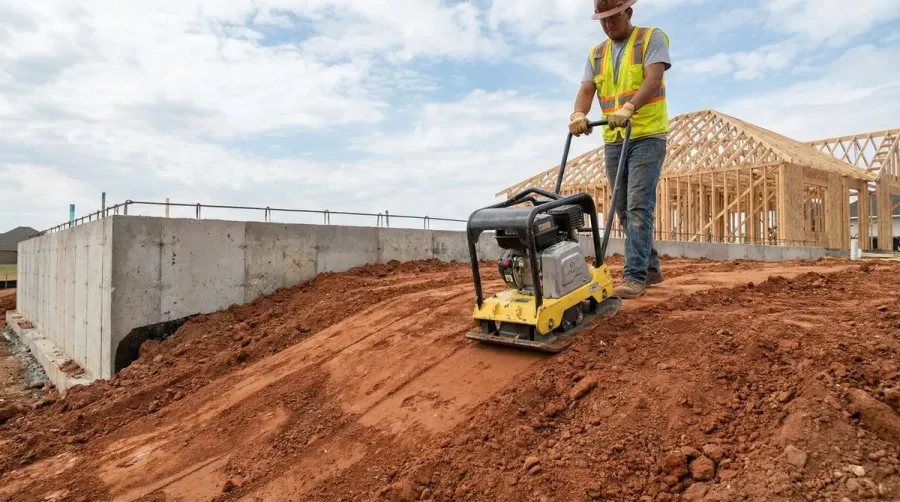 Worker compacting fill dirt around foundation with proper slope
