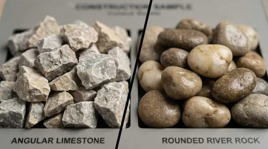 Close-up comparison of angular limestone aggregate versus smooth river rock texture