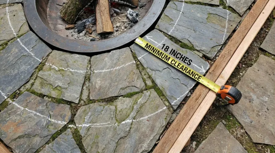 Close-up of slate tiles around fire pit showing proper clearance distance