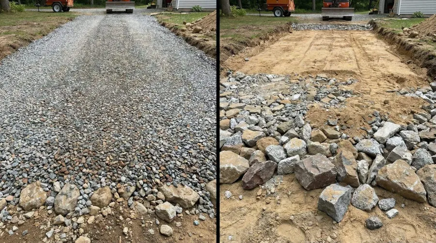 split image showing gravel driveway on left and road base foundation on right