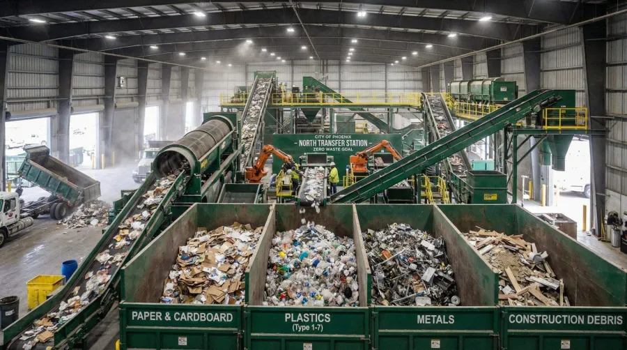 Interior view of Phoenix transfer station showing sorting operations and different material collection areas