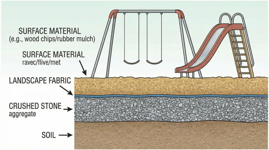 Cross-section diagram showing playground base layers with soil, crushed stone, fabric, and surface