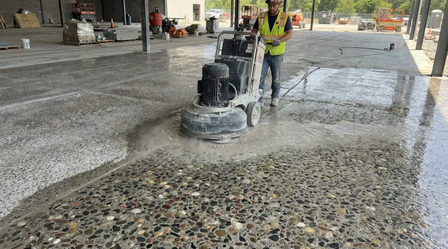 Exposed aggregate concrete grinding process showing surface restoration