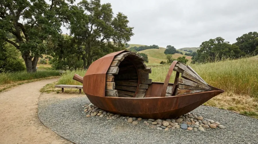 Outdoor art sculpture on gravel foundation in park setting