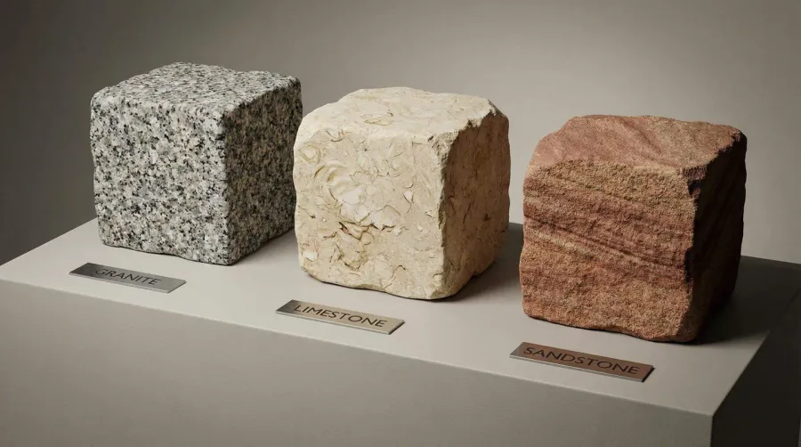Granite, limestone, and sandstone quarry rock comparison samples