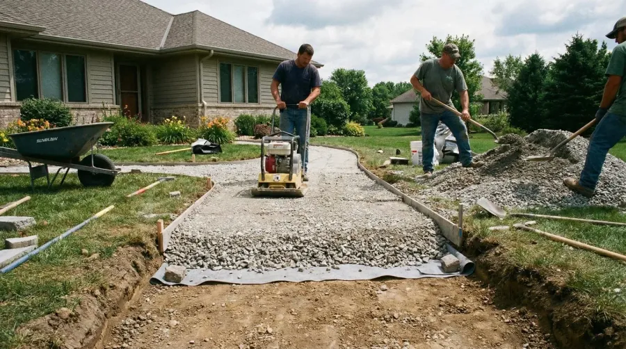 Crushed concrete walkway installation process showing material being laid and compacted
