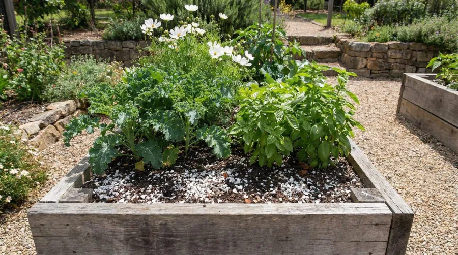 Crushed coral raised garden bed overview showing white coral material mixed with soil in wooden frame