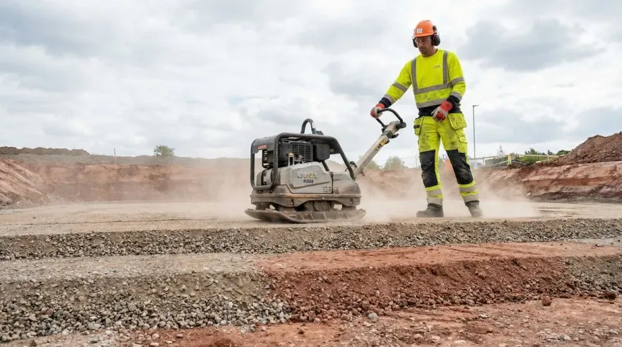 worker using plate compactor on layered fill dirt