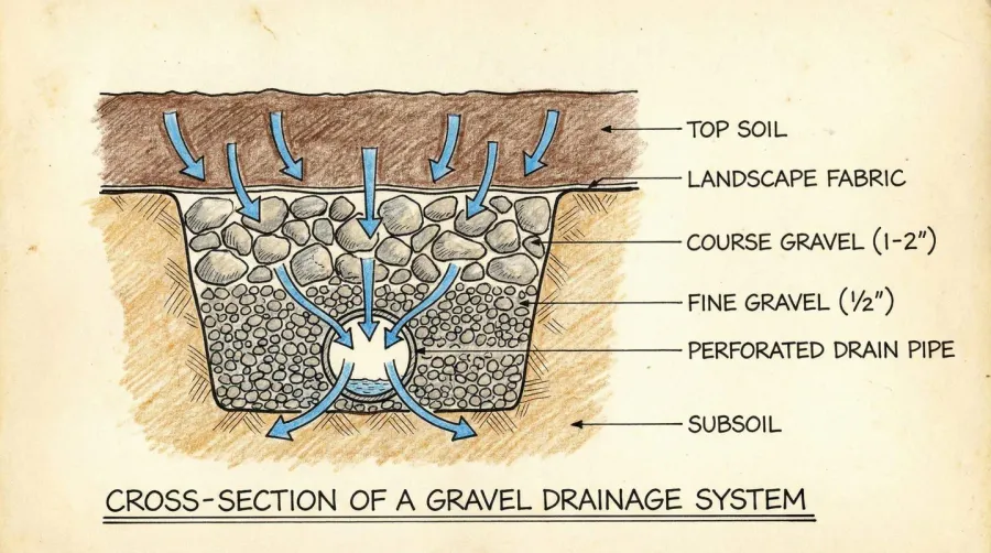 Gravel drainage system cross-section