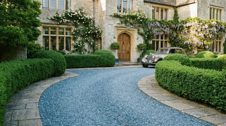 Blue stone gravel driveway with elegant home entrance